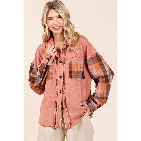 Mittoshop Button Down Contrast Plaid Patchwork Chest Pocket Shacket | Terracotta - Picture 6 of 6